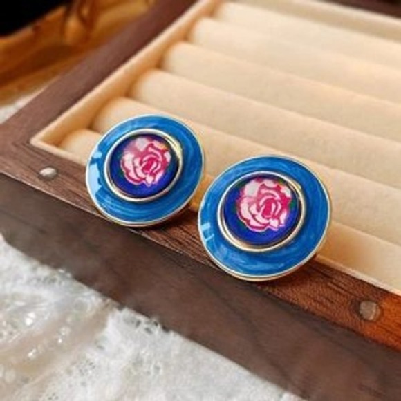 Jewelry - Vintage Blue Enamel Pink‎ Rose Stud Earrings Gold Tone Floral Button Round Studs